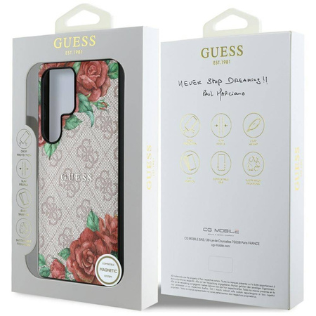 Original Handyhülle SAMSUNG GALAXY S25 ULTRA Guess Leather 4G Flowers Print Metal Classic Logo MagSafe rosa