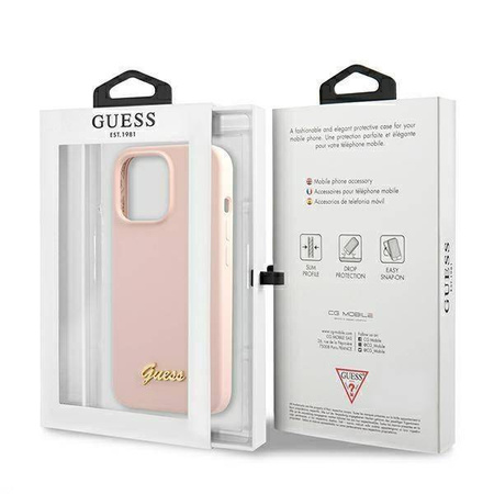 Guess GUHMP13XLSLMGLP iPhone 13 Pro Max 6,7 &quot;Hellrosa / Hellrosa Hardcase Silikonschrift Gold Logo Magsafe