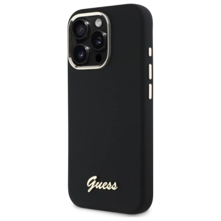 Guess Silikonhülle mit Metalllogo und Rahmen für iPhone 16 Pro Max – Schwarz