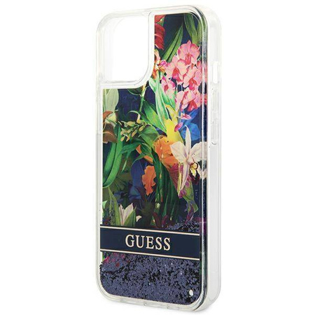 Schutzhülle IPHONE 14 Guess Hardcase Flower Liquid Glitter blau
