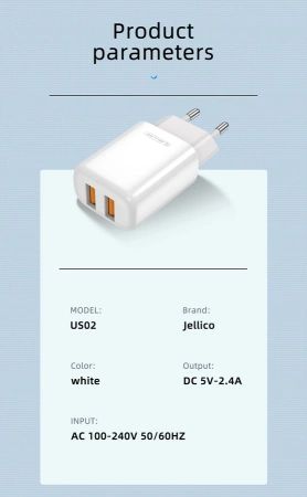 JELLICO ładowarka sieciowa EU02 2.4A 12W 2xUSB Biały
