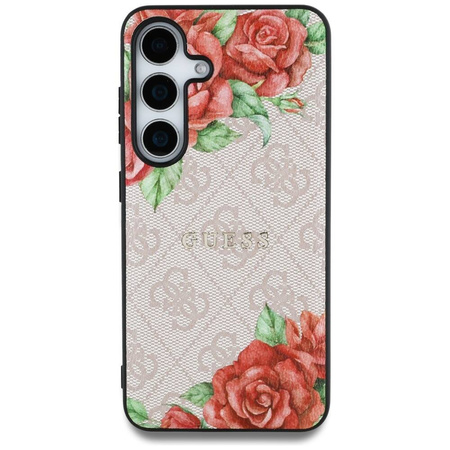 Oryginalne Etui SAMSUNG GALAXY S25 Guess Leather 4G Flowers Print Metal Classic Logo MagSafe różowe