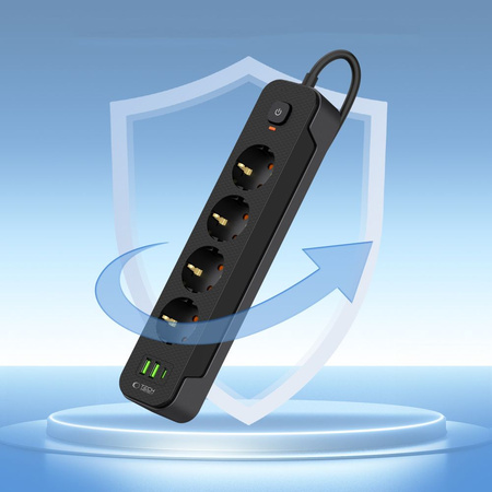 TECH-PROTECT PRZEDŁUŻACZ POWER SOCKET PCL4X3 2xUSB/1xUSB-C 200M BLACK