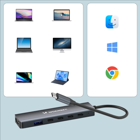 Hub USB-C 6 w 1 Wozinsky WHBC10Y4S wielofunkcyjny, aluminiowy, z kablem 25 cm - szary