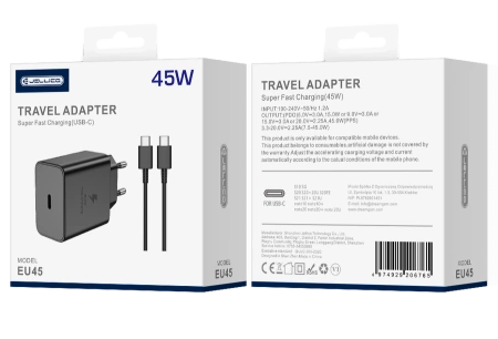 JELLICO wall charger EU45 GaN PD 45W 1xUSB-C + cable USB-C - USB-C Black