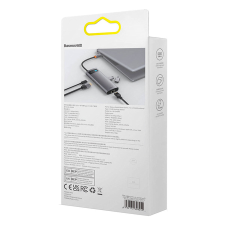 Baseus Metal Gleam Series stacja dokująca HUB 7 w 1 USB Typ C - 2 x HDMI /  3 x USB 3.2 Gen. 1 / 1 x Power Delivery / 1 x RJ-45 Ethernet szary (WKWG040113)
