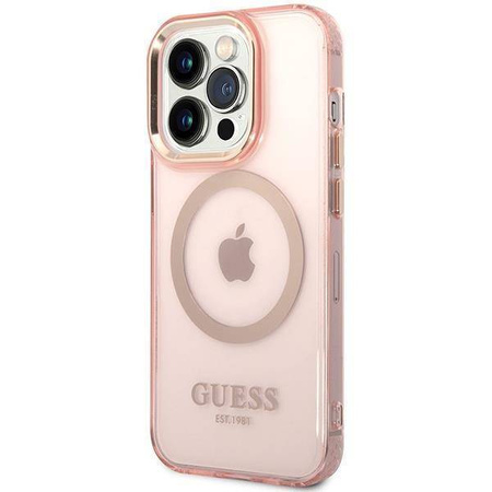 Original Handyhülle IPHONE 14 PRO MAX Guess Hard Case Gold Outline Translucent MagSafe (GUHMP14XHTCMP) rosa