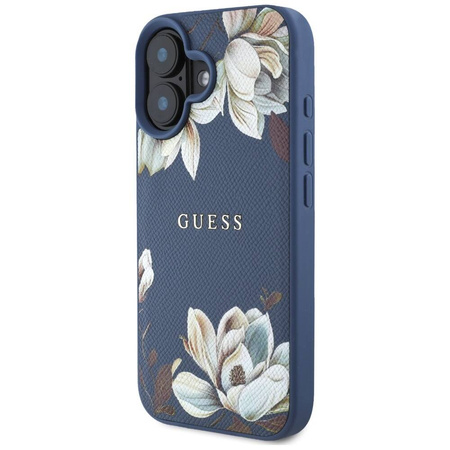 Etui IPHONE 16 Guess Grained Printed Flower Pattern MagSafe niebieskie