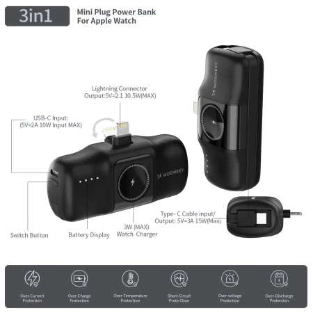 Wozinsky WF16-YLS 5000 mAh 15 W Lightning Mini-Powerbank mit integriertem USB-C-Kabel und Apple Watch Ladegerät – Schwarz