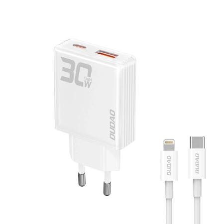 Dudao A30EUL GaN-Wandladegerät 30 W USB-A / USB-C + USB-C – Lightning Kabel – Weiß