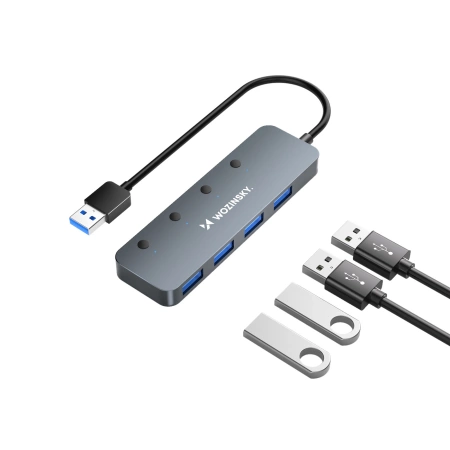 USB-A Hub Wozinsky WHS080YSS 4 x USB-A 3.0 with individual switches, aluminum, with 30 cm cable - gray
