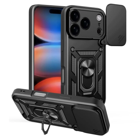 Etui Hybrid Armor Camshield na iPhone 17 Pro pancerne z podstawką i osłoną aparatu - czarne