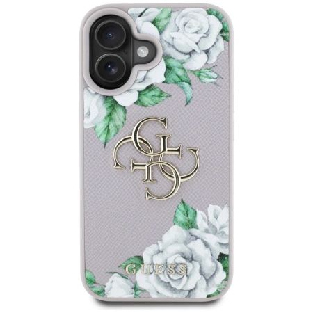 Guess Grained Roses Big 4G Logo iPhone 16 Hülle - Lila