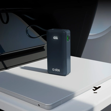 Powerbank SBS 10000 mAh 20W with built-in USB-C cable and digital display - dark gray