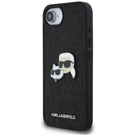 Karl Lagerfeld iPhone 16e Hülle mit festem Glitzer Karl&amp;Choupette Heads Metallstift - Schwarz