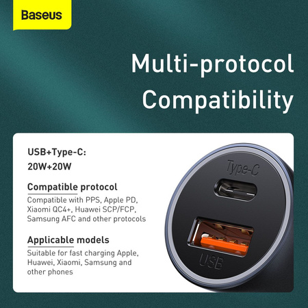 Baseus Golden Contactor Pro szybka ładowarka samochodowa USB Typ C / USB 40 W Power Delivery 3.0 Quick Charge 4+ SCP FCP AFC + kabel USB Typ C - Lightning szary (TZCCJD-B0G)