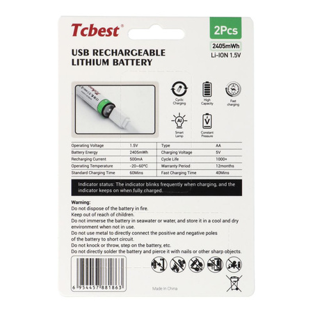TCBEST bateria akumulatorowa R6 (AA) 650 mAh z gniazdem Typ C + kabel USB A do 2 x Typ C 2 szt