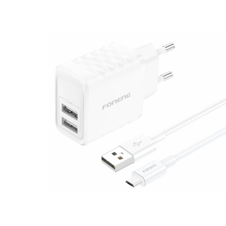 FONENG wall charger EU53 2.4A 12W 2xUSB + cable Micro White