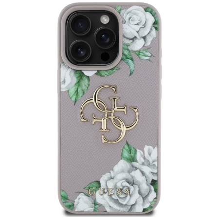 Guess Grained Roses Big 4G Logo iPhone 16 Pro Max Hülle - Lila