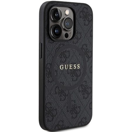 Guess 4G Collection MagSafe-Hülle aus Leder und Metalllogo für iPhone 14 Pro Max – Schwarz