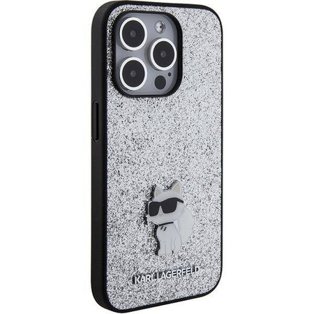 Etui Karl Lagerfeld Fixed Glitter Choupette Logo Metal Pin do iPhone 15 Pro Max - srebrne