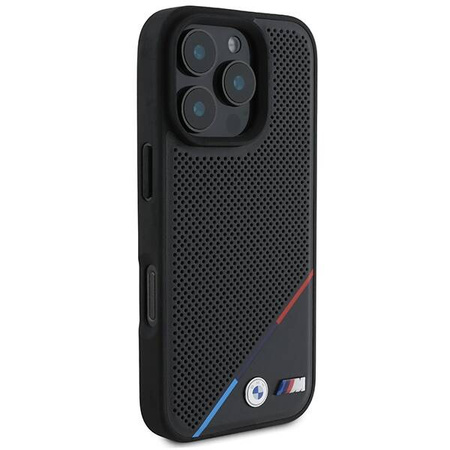 Original Handyhülle IPHONE 16 PRO BMW Hardcase M Perforated Tricolor Line MagSafe (BMHMP16L23PUPDK) schwarz