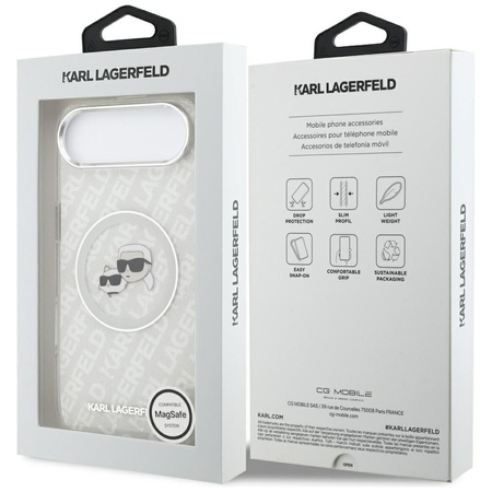Karl Lagerfeld nakładka Magsafe IML glitter case metal camera frame and buttons Karl and Choupette heads on KL repeated logo do iPhone 17 Air szara
