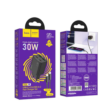 Ładowarka sieciowa do telefonu Hoco 2 x USB C + 2 x USB A QC3.0 PD 3A 30W + kabel USB C do Lightning N56 czarna
