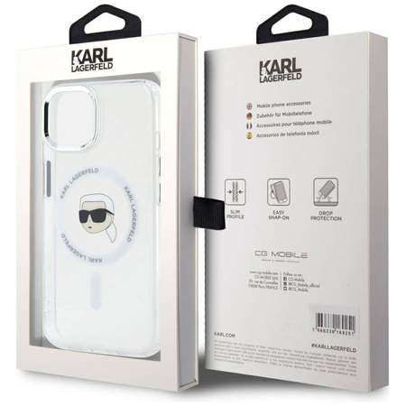 Original Case IPHONE 15 PLUS Karl Lagerfeld Hardcase IML Metal Karl Head MagSafe white