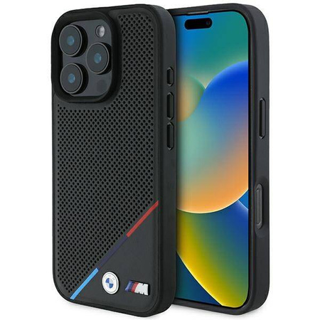 Original Handyhülle IPHONE 16 PRO BMW Hardcase M Perforated Tricolor Line MagSafe (BMHMP16L23PUPDK) schwarz