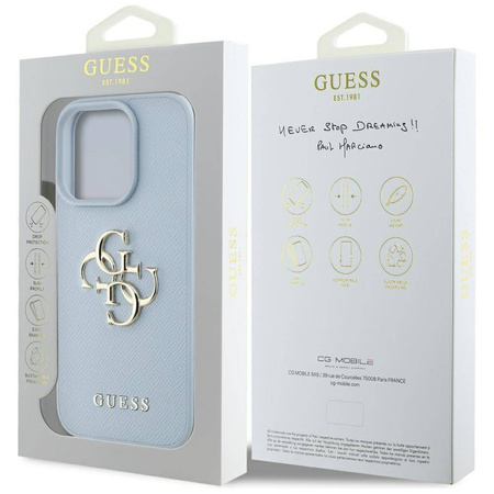 Schutzhülle IPHONE 16 PRO MAX Guess Grained Big 4G Logo Small Classic Logo blau