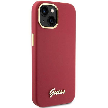 Guess Silikon Script Metal Logo & Frame Hülle für iPhone 15 – Rot