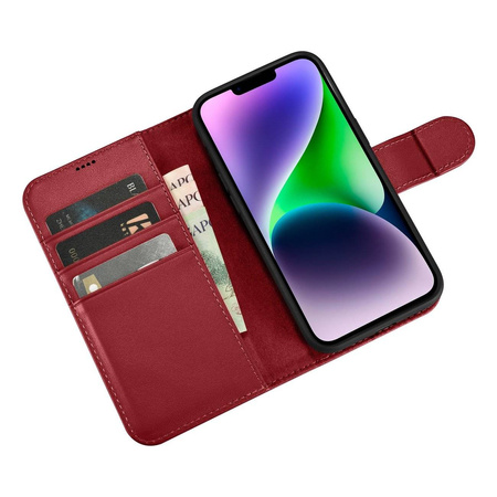 iCarer Wallet Case 2in1 etui iPhone 14 skórzany pokrowiec z klapką Anti-RFID czerwony (WMI14220725-RD)