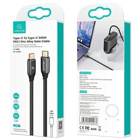 USAMS Kabel pleciony U82 USB-C na USB-C 1.2m 240W PD 3.1 Fast Charging czarny/black SJ580USB01 (US-SJ580)