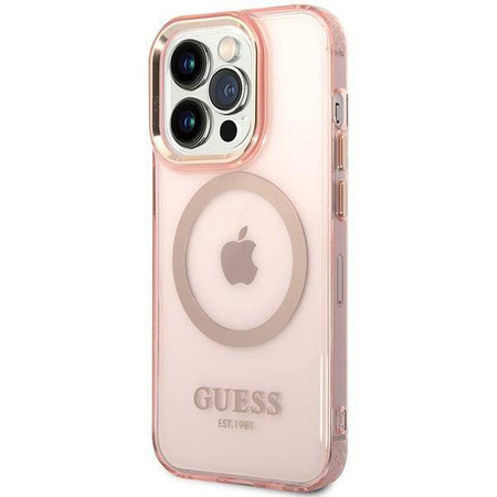 Original Case IPHONE 14 PRO MAX Guess Hard Case Gold Outline Translucent MagSafe (GUHMP14XHTCMP) pink