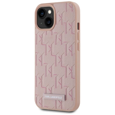 Karl Lagerfeld Leather Monogram Metal Logo MagSafe iPhone 15 Case - Pink