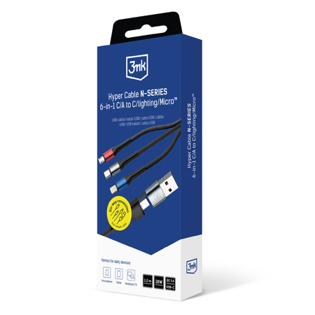 Accessories - 3mk Hyper Cable N-SERIES 6 in 1 C/A to C/Lightning/Micro 1.2m 9V/2A 18W Black