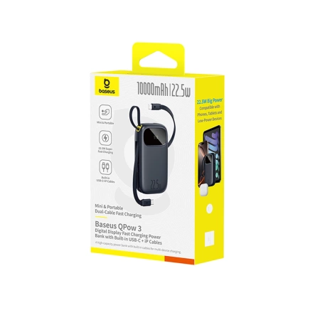 Baseus EnerFill FC31 10000 mAh 22,5 W Powerbank mit Digitalanzeige und 2 integrierten Kabeln (USB-C + Lightning) - Schwarz