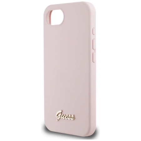 Guess Silikon Script Metal Logo MagSafe iPhone 16e Hülle - Rosa