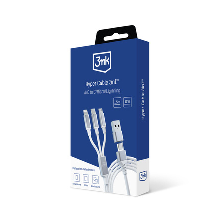 3MK KABEL HYPER 3w1 1,5m Biały USB-A/C do Micro/USB-C/Lightning