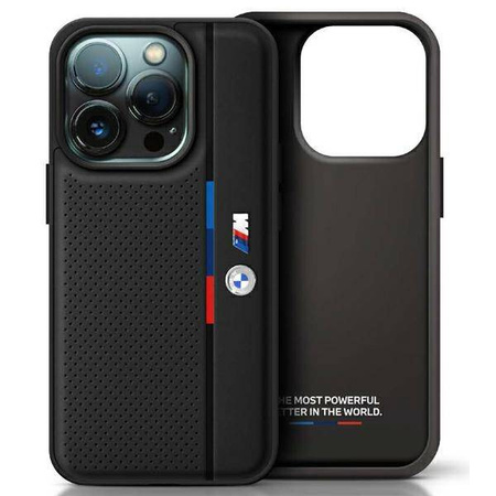 Original Handyhülle IPHONE 16 BMW Hardcase M Perforated Tricolor Detail Line (BMHCP16S23PUPVK) schwarz