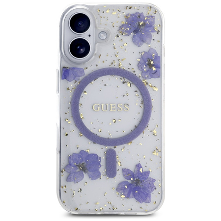 Oryginalne Etui IPHONE 16 Guess Hardcase Resin Flowers Glitter MagSafe fioletowe