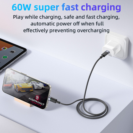 Yesido Kabel CA160 pleciony - Typ C na Typ C - PD 60W 1,2 metra czarny