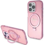 Guess Ring Stand Script Glitter MagSafe-Hülle für iPhone 15 Pro – Rosa