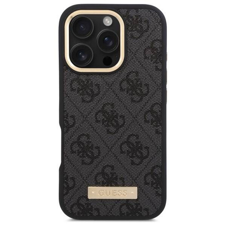 Original Handyhülle IPHONE 16 PRO MAX Guess Hardcase 4G Logo Plate MagSafe (GUHMP16XU4GPRK) schwarz