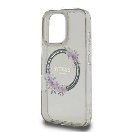 Original Handyhülle IPHONE 16 PRO MAX Guess Hardcase IML Flowers Wreath MagSafe (GUHMP16XHFWFCK) schwarz
