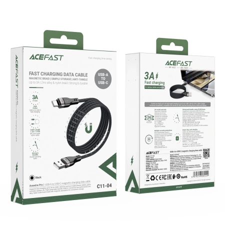 Kabel Acefast C11-04 USB-A - USB-C 3A 1,2 m w magnetycznym oplocie - czarny