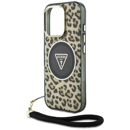 Original Case IPHONE 16 PRO Guess HC IML Leopard Triangle Cord Strap brown