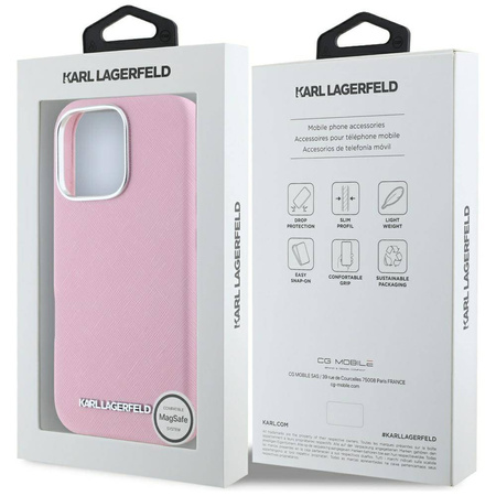 Original Case IPHONE 16 PRO MAX Karl Lagerfeld Saffiano Full Wrapped Elongated Metal Logo MagSafe pink
