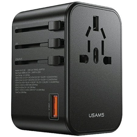 USAMS Network Adapter 1xUSB+2xUSB-C T62 65W 4in1 US/AU/EU/UK black/black CC199TC01 (US-CC199) Universal Travel Charger